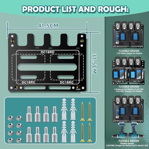 Battery Holder for Makita, Wall Mount for Makita DC18RC DC18RD Chargers, Suitable for Makita Battery Charger 14.4V/18V Batteries and 2 Drilling Screwdrivers, Storage in The Workshop and Garage