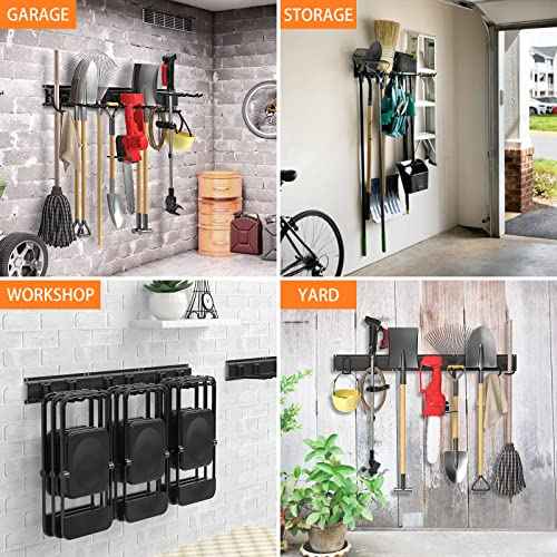 Garage Tool Organizer Wall Mount, Yard Garden Tool Organizer, Adjustable Tool Storage Rack with 4 Heavy Duty Steel Hooks, Max Load 200lbs Garage Organization, Black