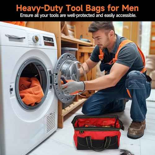 4 Pcs Tool Bags for Men, Heavy Duty Waterproof Tool Tote Bags with Shoulder Straps, Multi Pockets Tool Organizers with Wide Mouth and Hard Bottom for Electrician, Carpenter