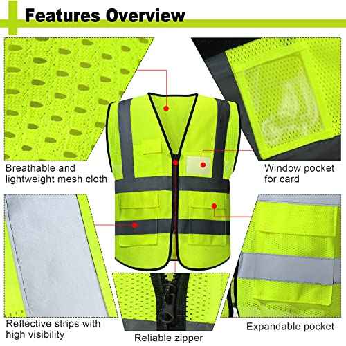 JenPen 10 Pieces Reflective Safety Vests with Pockets and Zipper, High Visibility Mesh Construction Vest for Men Women