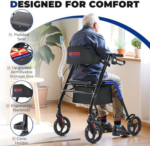 Metro Mobility Rollator Walker with Seat for Seniors, Foldable Lightweight Rolling Walker, 8" Big Wheels for All Terrain, 300 lb. Weight Capacity, Blue