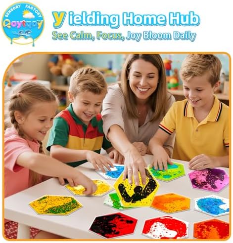 Squishy Liquid Sensory Gel Tiles 12 Packs - Hexagon Liquid Sensory Pads for Stress Relief & Fidget Fun, Washable Sensory Floor Tiles for Toddles 3+ Home, Classroom, Travel