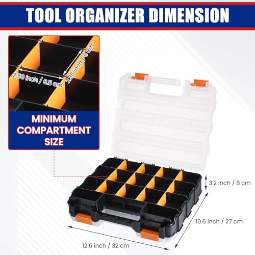 Small Parts Organizer, Hardware Organizer Box, 2 Pack Double Side 34 Compartments Hardware Organizers with Removable Plastic Dividers for Screws Nuts Nails Bolts