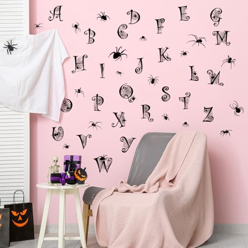 Black Alphabet Spider Web Wall Sticker Halloween Spider Wall Decals Peel and Stick Alphabet Letters for Wall Halloween Decoration for School Home Office Party Supplies Decor