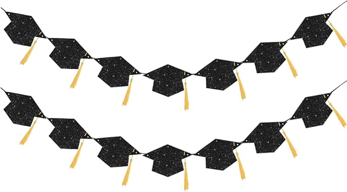 Graduation Decoration Banners 2026 Black Glitter Graduation Hats with Tassel Banners Garlands Class of 2026 Banners for College High School Graduate Party Decorations