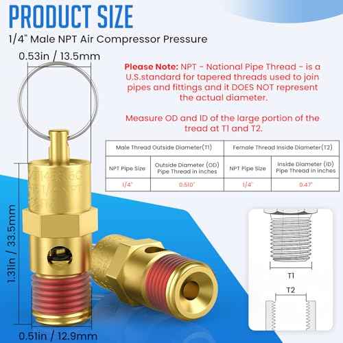 2 Pcs 1/4" NPT(M) 200 PSI Air Compressor Pressure Relief Valve, Brass Safety Valve for Air Compressor (Tank Pop Off)