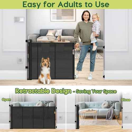 Reinforced 55" Wide Retractable Baby Gates with Reinforced Strips, Indoor/Outdoor Retractable Dog Gate for Doorway Prevent Bottom Drilling Through, No Bottom Bar Safety Mesh Baby Gate for Stair, Black