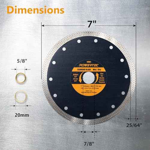 POWERTEC 7 Inch Diamond Saw Blades for Wet Tile Saw 3 Pack, Super Thin Turbo Mesh Rim Tile Blades for Cutting Porcelain, Granite Tile & Ceramic Tile, 7" Diamond Blades (14001-P3)