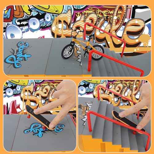 CS COSDDI Finger Skateboard Park Kits,Skateboard Finger Toys with 8 Finger Skateboards & 14 Skatepark Deck Ramp,1 Finger Bike for Unisex Gift,Mini Finger Skateboards Ramp Accessories Set £¨Yellow£©