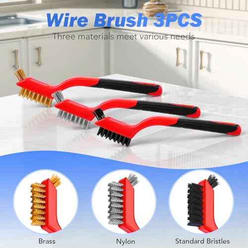 Wire Brush Set, 3 Pcs Stainless Steel/Brass/Nylon Wire Brushes for Cleaning with Curved Handle Grip for Rust Removal, Dirt, Paint Scrubbing(Red)
