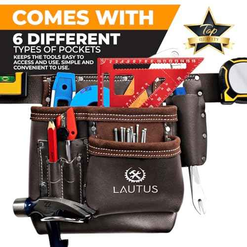 LAUTUS 5 Pocket Oil Tanned Leather Tool Belt - Multifunctional Tool Pouch/Bag/Apron Carpenter, Construction, Framers, Handyman, Electrician | 30-Inch to 46-Inch | Brown| Hammer Holder| Built Tough|