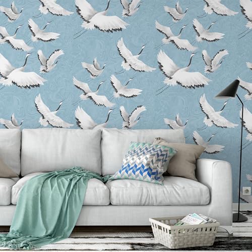Peel and Stick Wallpaper for Home Decoration Kitchen White Crane Blue Wallpaper Removable Vinyl Self Adhesive Shelf Paper & Drawer Liner Roll House, Workshop & Office 17.3" x 79" TH8096-2