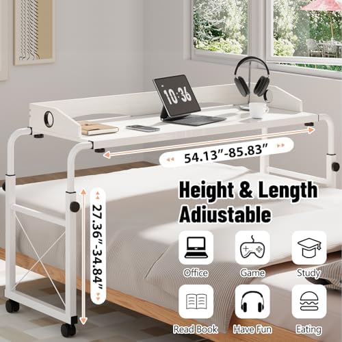 Overbed Table with Wheels, Overbed Desk with Adjustable Length and Height, Rolling Over Bed Desk, King Queen Over The Bed Table on Wheels, Heavy Duty Laptop Table for Hospital and Home (White, 1.2M)