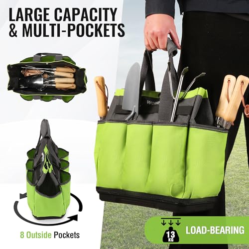 WORKPRO Garden Tool Bag with Waterproof Plastic Base, 8 Pockets Gardening Bag, Heavy Duty Oxford Garden Tote Caddy, Gardening Tool Kit Holder for Indoor and Outdoor(Tools NOT Included)