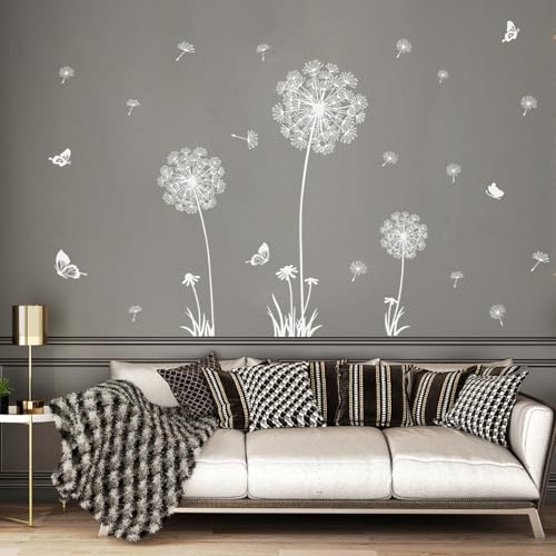Joyartu 2 Sheets Dandelion Wildflower Wall Decals Art,Flower Stickers, Murals with Butterflies, Removable DIY Sticker Decals for Bedroom Living Room Nursery Classroom Playroom (White)