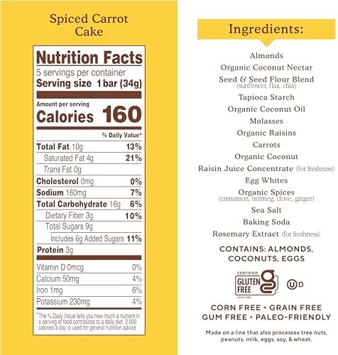 Simple Mills Almond Flour Snack Bars, Spiced Carrot Cake - Gluten Free, Made with Organic Coconut Oil, Breakfast Bars, Healthy Snacks, Paleo Friendly, 6 Ounce (Pack of 1)