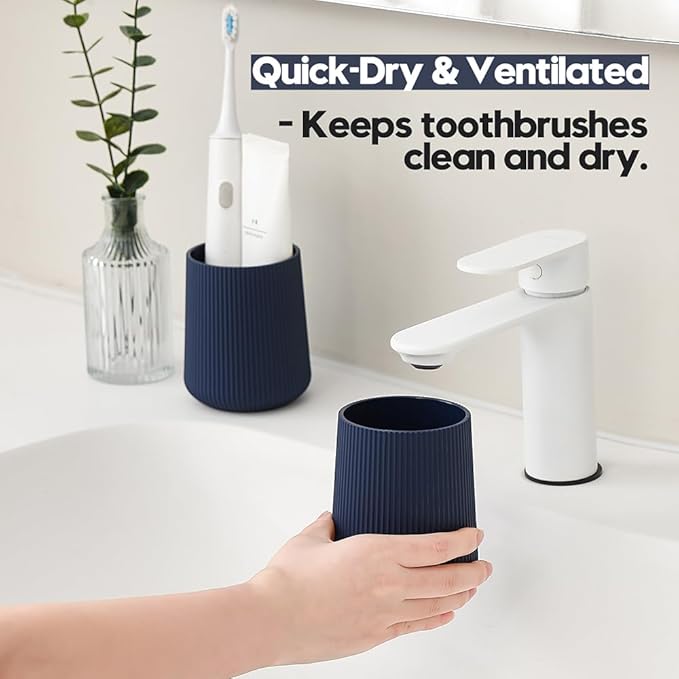 YAUKPH Navy Blue Striped Toothbrush Holder for Electric Toothbrushes Bathroom Organizer Cup for Toothpaste Kids & Adults