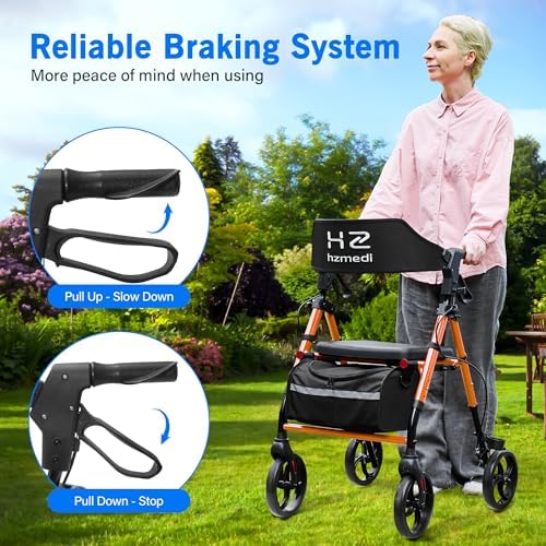 Walkers for Seniors with Seat, 8" Big Wheels Adult Lightweight Rollator with Backrest, Dual Adjustable Height Foldable Aluminium Medical Rolling Walker with Brakes| Deep Orange