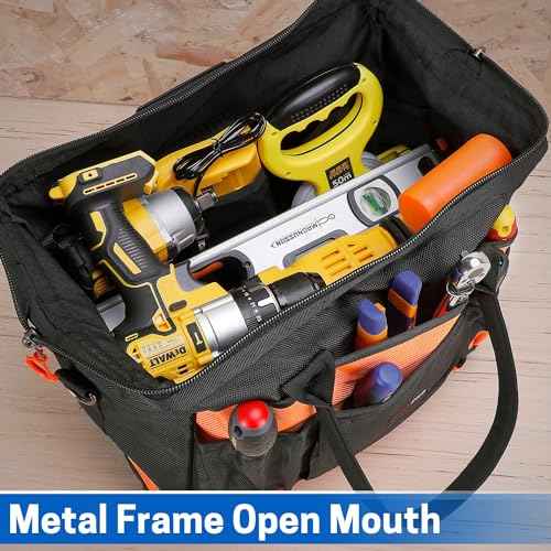 Wide Mouth Tool Bag, 16 Inch Heavy Duty Tool Bag with Multi-Pockets, Molded Waterproof Base for Plumbers, Electricians, Handymen