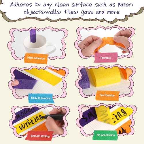 Colorful masking tape for arts and crafts, handmade labels, painters tape, painters tape, kids art supplies. Each roll is 1 In x 14.2 Yards (2.5cm x 13m), 7 rolls of different color tapes in a box.