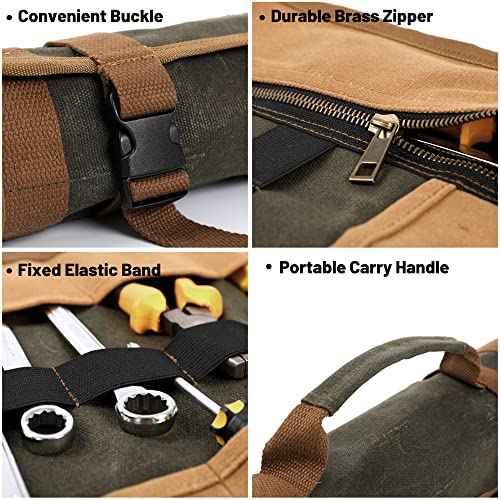 Canvas Tool Roll, 23 Pockets Tool Case, Heavy Duty 16oz Waxed Canvas Tool Storage (26"L x 13"W), Tool Roll Up Bag with Buckles and Handle - Army Green