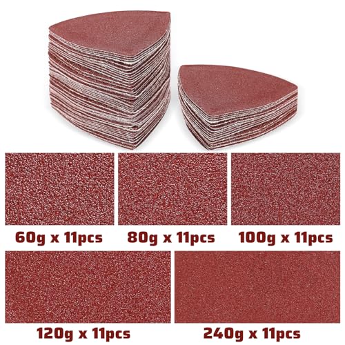 55Pcs Oscillating Tool Sanding Pad Triangle Sanding Pads Set 60/80/100/120/240 Multitool Sandpaper, Grit Fit for Finishing Wood Sanding Plaster