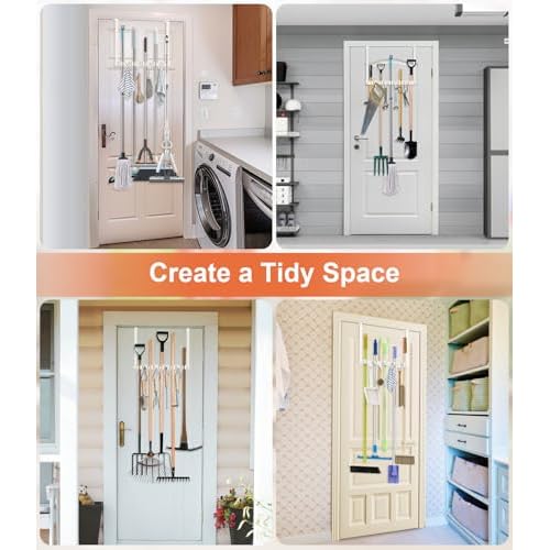 Broom Holder Over The Door Drilling Free Mop and Broom Holder with 4 Over Door Hook, Metal Mop and broom hanger Wall Mount Broom Storage Tool Organizer for Laundry Room Garage Bathroom - white