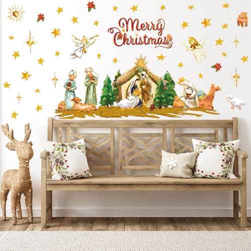 Christmas Wall Stickers Nativity Scene Wall Decals Large Holy Night Room Mural Stickers for Home Party Decor, 9.8 x 13.8 Inch, 4 Sheets