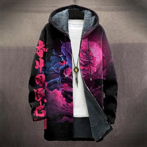 domirica Long Hooded Cardigan Men Japanese Neon Art Graphic Open Front Zip Up Fleece Warm Fall Novelty Lightweight Coat