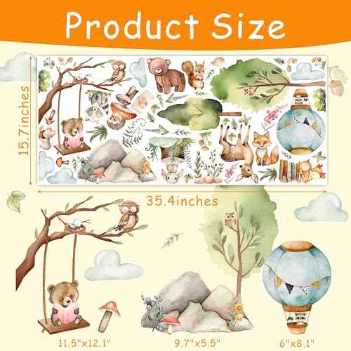 Woodland Animal Wall Stickers Jungle Forest Animal Wall Decals Cartoon Animals Wall Decals Peel and Stick Cute Balloon Cloud Tree Animals Wall Stickers for Nursery Kids Room Playroom Decor