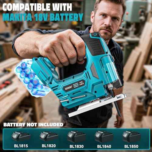 Jig Saw Compatible with Makita 18V Battery, Laser Guide Cordless Jigsaw Tool, Brushless Motor, Variable Speed, 45¡Æ Bevel Angle Cut, LED Light, 3 Orbital Sets, 6PCS Blades (No Battery)