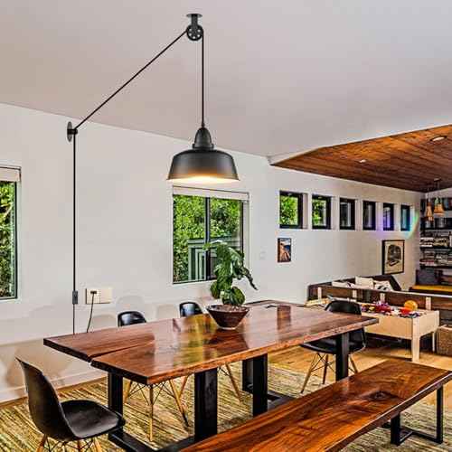 Plug in Pendant Light, Farmhouse Hanging Lights with Plug in Cord, Pulley Hanging Lamp, Black Industrial Pendant Lights Fixture for Kitchen Island, Bedroom, Dining Room, Living Room, Office