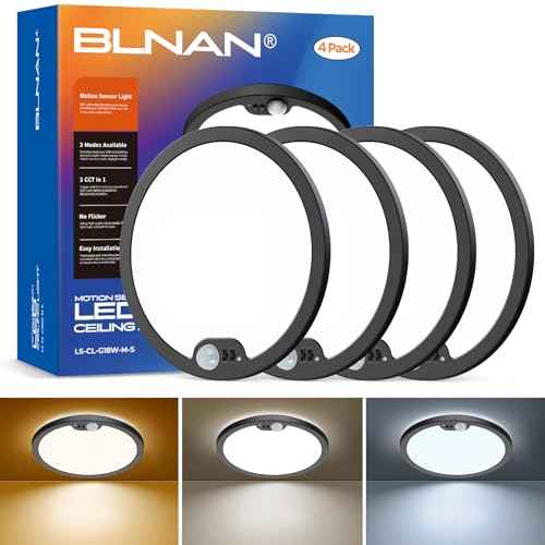 BLNAN Motion Sensor Ceiling Light Wired, 8.7 Inch 3000K 4000K 5000K Selectable LED Flush Mount Light Fixture, Motion Activated Light with Timer for Hallway Stair Walk-in Closet, Black Frame, 4 Pack