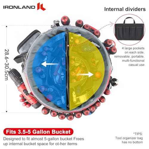 IRONLAND Bucket Tool Organizer Fit 3.5-5 Gallon Bucket, 64 Pockets, Bucket Tool Caddy Organization for Garden, Construction, Carpenter, Electrician, Builder red