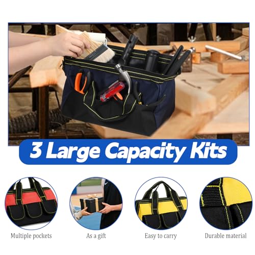 3 Pack 13 Inch Tool Bags for Men, Wide Mouth Tool Tote Bag with Waterproof Base Heavy Duty Tools Storage Bag for Electrician Carpenter Mechanic (Blue, Red, Yellow)