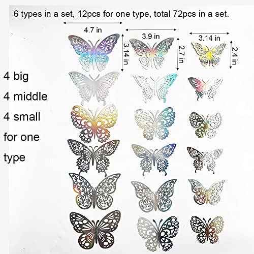 72PCS Silver Butterfly Wall Sticker Decal 3D Metallic Art Butterfly Mural Decoration DIY Flying Stickers for Kids Bedroom Home Party Cake Nursery Classroom Offices D?cor (Silver)