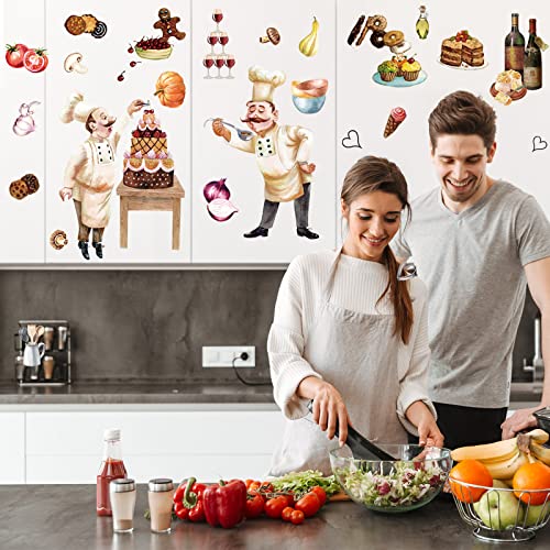 Chinco Chefs Peel and Stick Wall Decals Italian Fat Chefs Cooking Wall Sticker Wine Cake for Kitchen Restaurant Dining Room Home Decoration, 6 Sheets