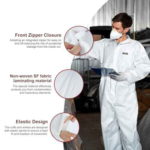Hazmat Suit Disposable Coverall | Heavy Duty Full Body Painters Suit in 7 Sizes with Multiple Specifications for Men & Women Without Hood - Breathable & Water Resistant - Large, White, 3