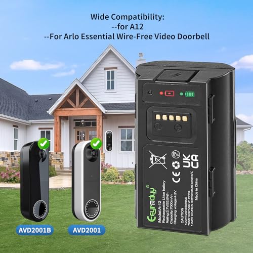 A12 Replacement Arlo Essential Wire-Free Video Doorbell VMA2400 Battery Compatible with Arlo Doorbell AVD2001 AVD2001B Rechargeable Back-Up Battery 7000 mAh
