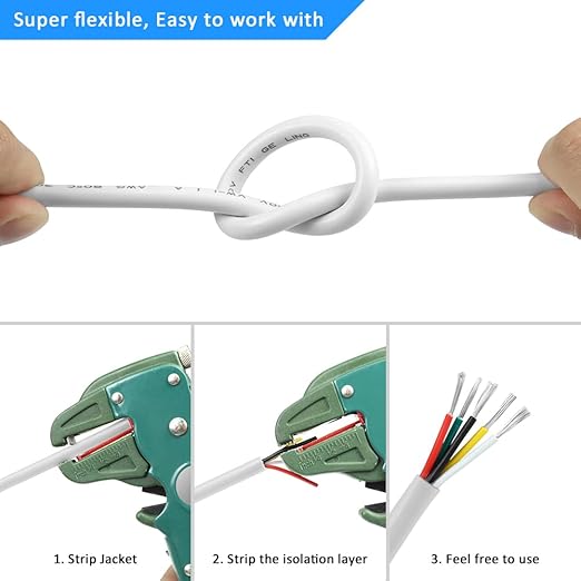 16 Gauge 5 Conductor Electrical Wire, 32.8FT White Stranded Low Voltage 16/5 Cable PVC Case, 16 AWG Tinned Copper 5 Wire Extension Power Cable for LED Lamp Lighting, Automotive