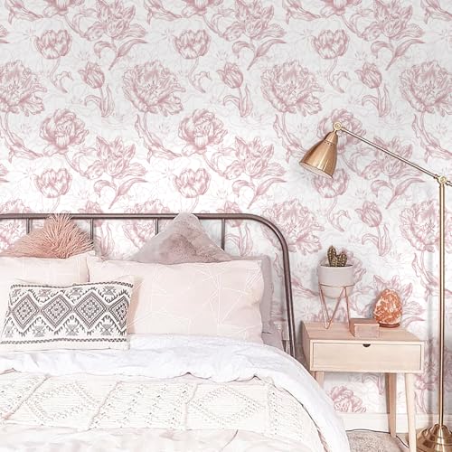 Timeet 17.7In ¡¿197In Pink Peel and Stick Wallpaper, Floral Peel and Stick Wallpaper Boho Contact Paper Removable Self Adhesive Bedroom Cabinet Mural Wall Decor Vinyl Roll