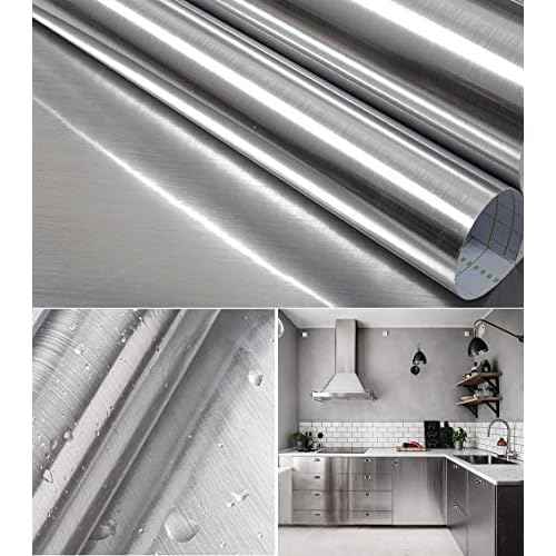 Hopepak Stainless Steel Contact Paper Peel and Stick Waterproof Silver Metallic Wallpaper Self Adhesive Removable Vinyl Roll for Kitchen Cabinet Refrigerator Dishwasher Countertop 17.3''x78.7''