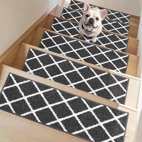 Non-Slip Stair Treads for Wooden Steps Indoor, 15 Pack 9" X 28" Edging Stair Carpet Mat with TPE Backing, 0.4" Thick Stair Runners for Kids Elders & Pets, 100% Polyester Stair Rugs, Black&White