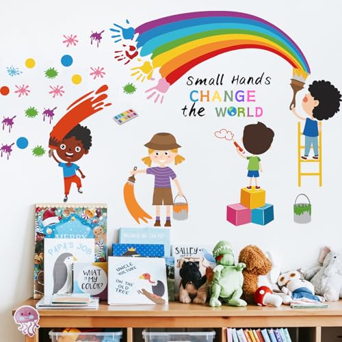 Small Hands Change The World Wall Stickers Inspirational Quote Rainbow Wall Decals for Kids Room Playroom Classroom School Library Wall Decor