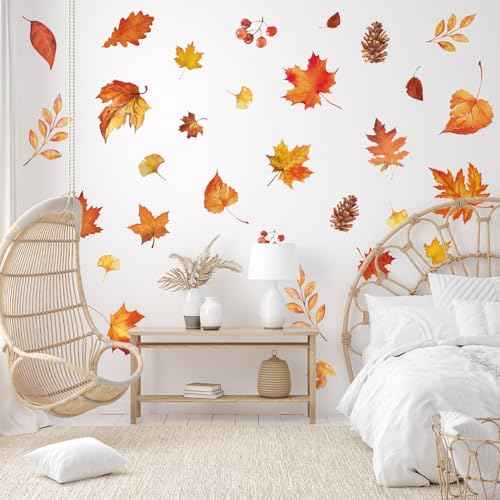 Fall Wall Stickers Maple Leaves Wall Decals Small Room Mural Stickers for Autumn Thanksgiving Home School Office Party Decor, 7.9 x 11.8 Inch, 9 Sheets