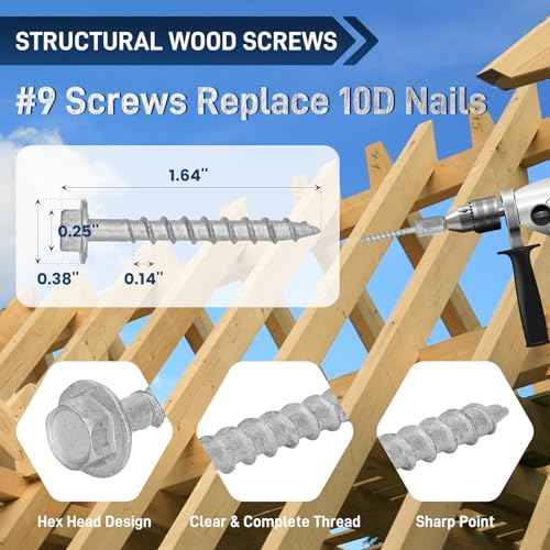 Upgrade #9 x 1-1/2" Joist Hanger Screws-500 Qty,9112R500 Joist Hanger Connector Screws,1/4" Hex Socket Wood Screw,0.370"-Dia Deck Screw, Replace 10D Nails,Prem-Galvanized 1500 Hours Salt Spray Test