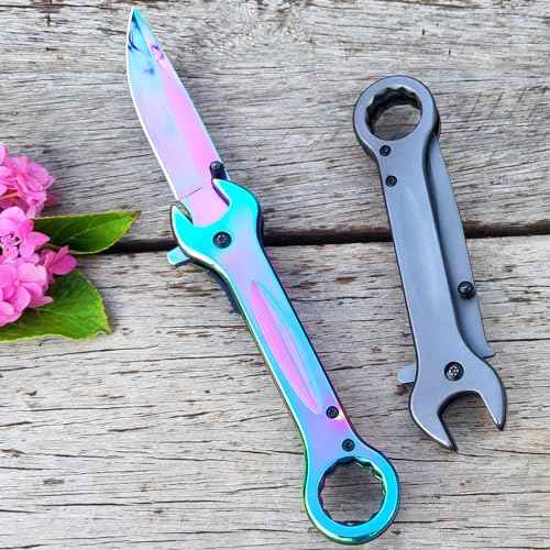 Pocket Knife, Unique Utility Pocket Folding Knife with 14mm and 19mm wrenchs, Titanium plated Great Gift EDC Knife For Daily Work Outdoor Camping (Grey)