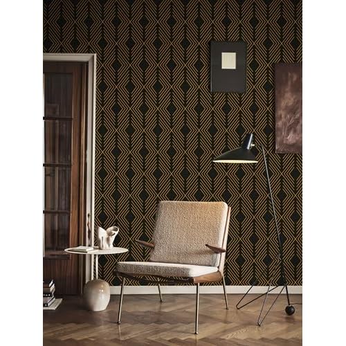 Black and Gold Peel and Stick Geometric Wallpaper - Modern Contact Paper for Cabinets and Drawers - Removable Self Adhesive Vinyl 17.1'78.7'