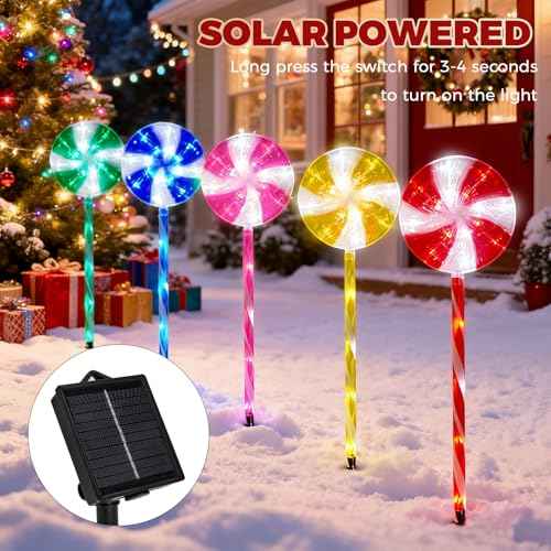 BRIGHTDECK Lollipop Solar Christmas Pathway Lights Outdoor, 10 Pack LED Christmas Decor with 8 Lighting Modes, Light Up Solar Stake Lights for Holiday, Xmas, Walkway, Sidewalk (Multicolour, 10 PCS)