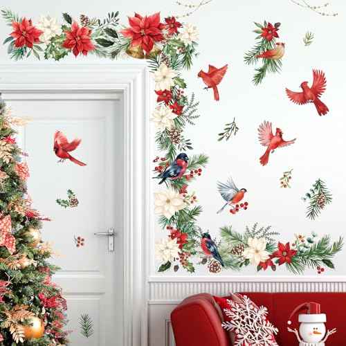 wondever Christmas Flower Cardinal Wall Stickers Christmas Leaves and Floral Red Bird Christmas Window Wall Art Decals for Party Window Xmas Home Party